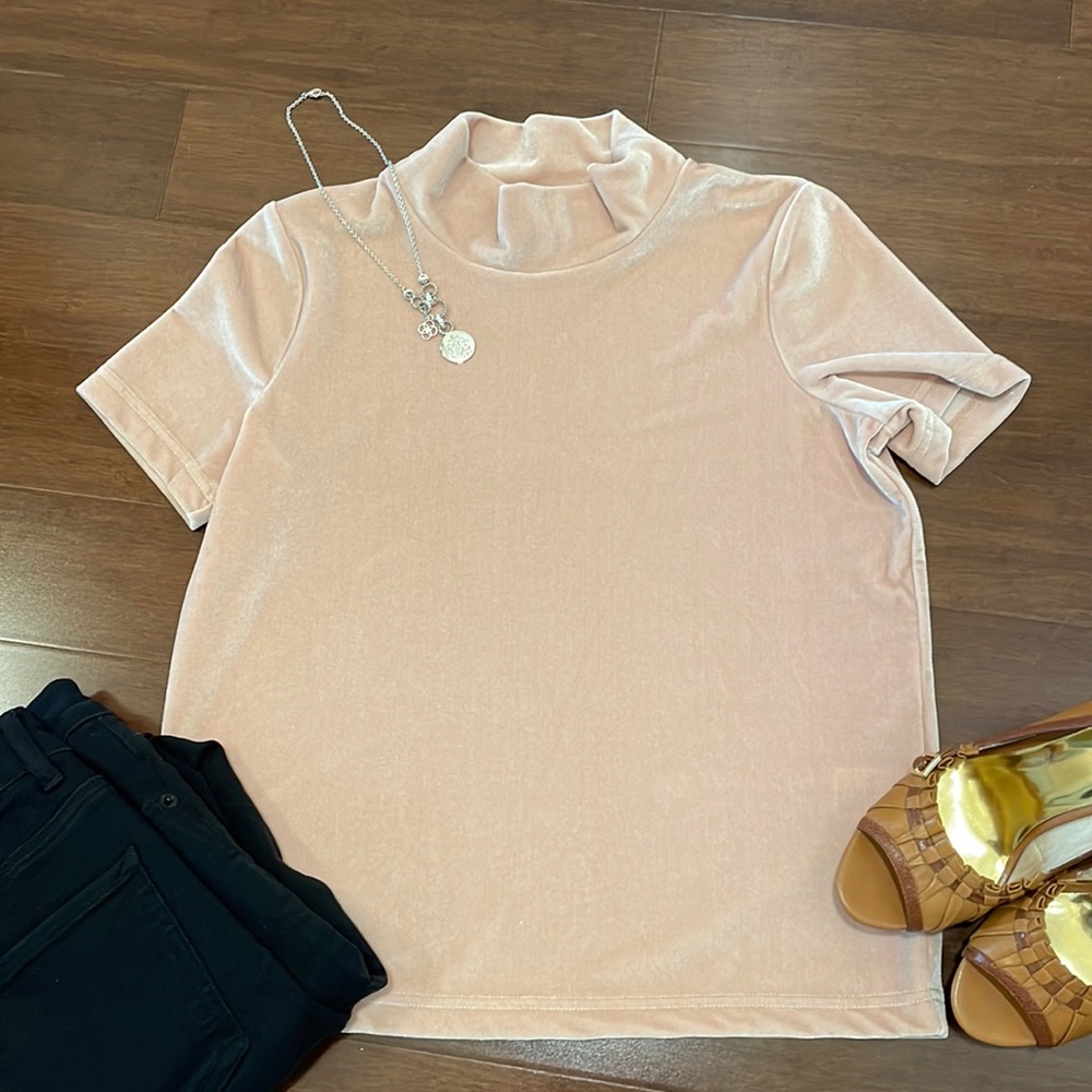 Madewell Tan Mock Turtleneck Short Sleeve Velour Top